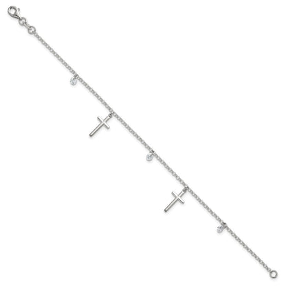Sterling Silver Polished CZ Cross Bracelet