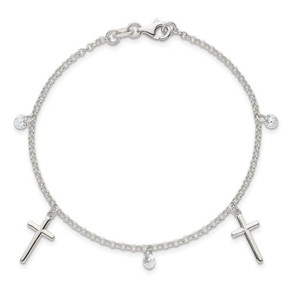 Sterling Silver Polished CZ Cross Bracelet