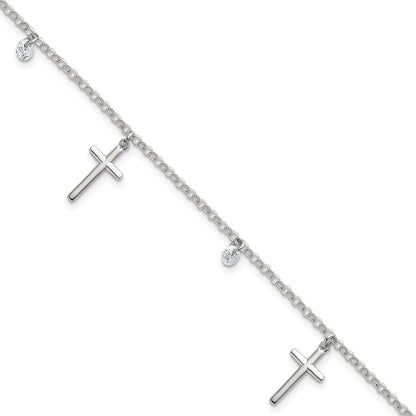 Sterling Silver Polished CZ Cross Bracelet