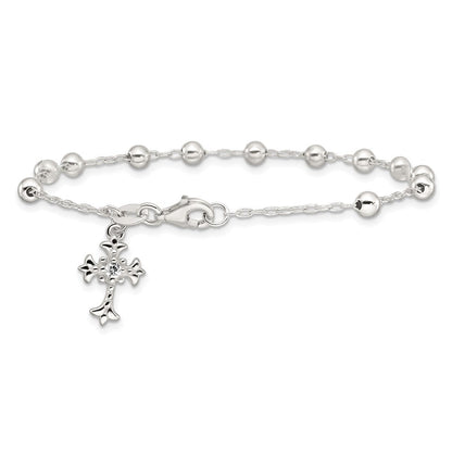 Sterling Silver Polished and Beaded CZ Cross Bracelet