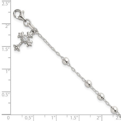 Sterling Silver Polished and Beaded CZ Cross Bracelet