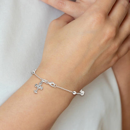 Sterling Silver Polished and Beaded CZ Cross Bracelet