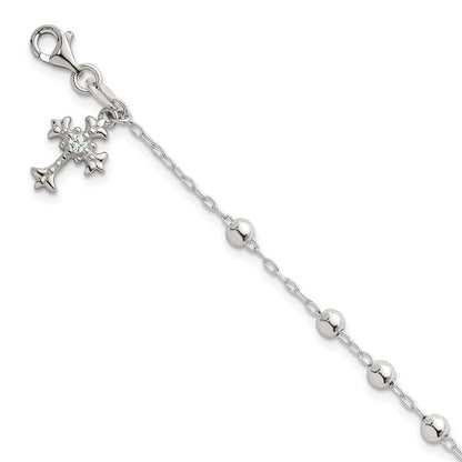 Sterling Silver Polished and Beaded CZ Cross Bracelet