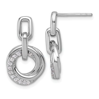 Sterling Silver Rhodium-Plated CZ Circle Twist Dangle Post Earrings