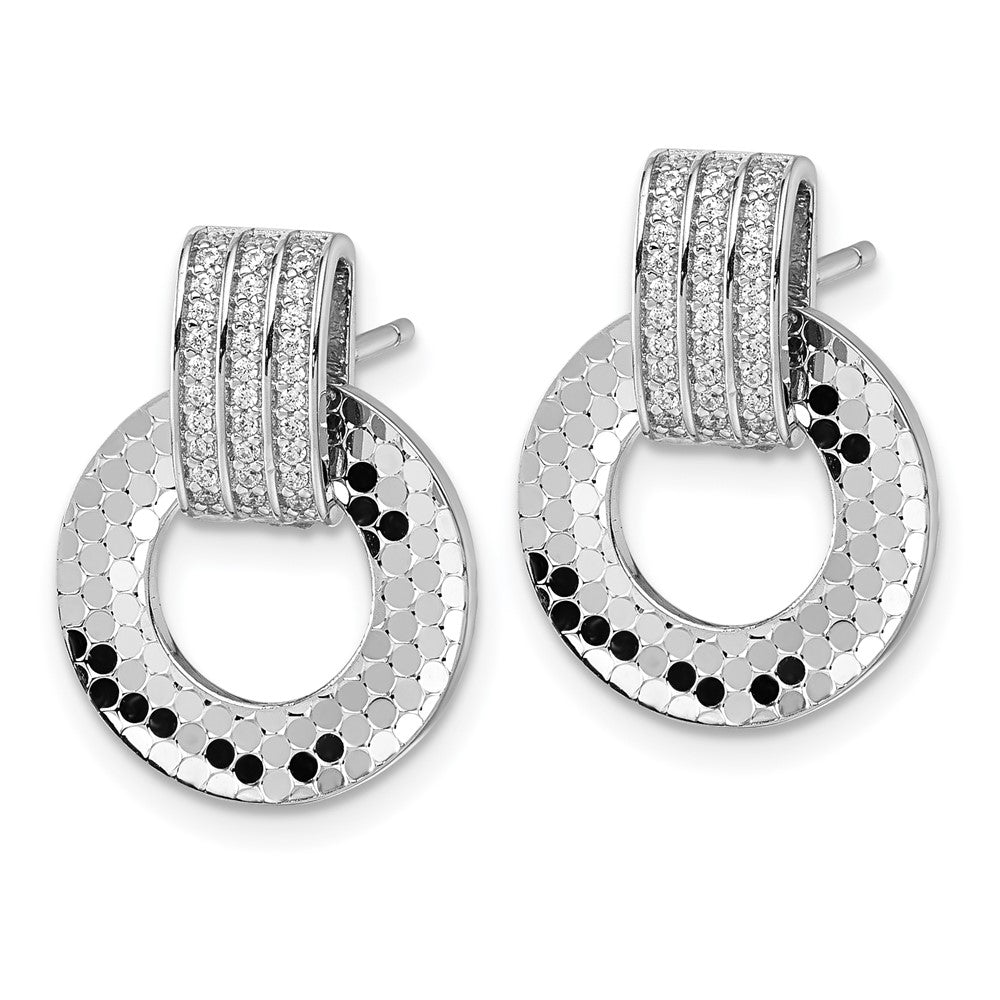 Sterling Silver Rhodium Plated CZ Textured Moveable Circle Dangle Post Earrings