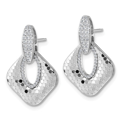 Sterling Silver Rhodium-Plated CZ Textured Dangle Post Earrings
