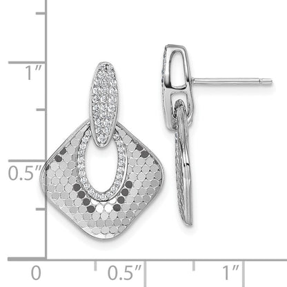 Sterling Silver Rhodium-Plated CZ Textured Dangle Post Earrings