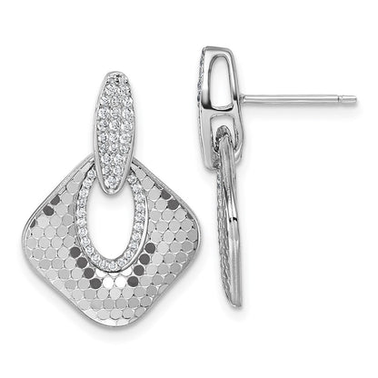 Sterling Silver Rhodium-Plated CZ Textured Dangle Post Earrings