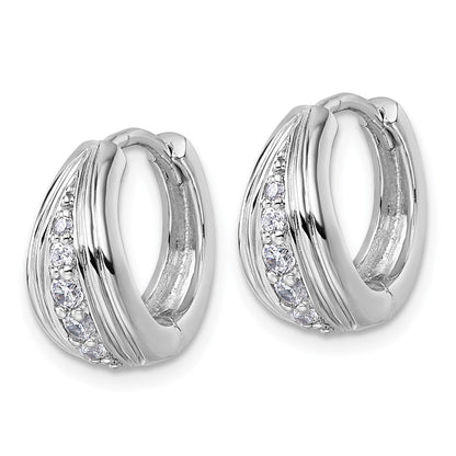 Sterling Silver Rhodium-Plated Grooved CZ Polished Hoop Earrings