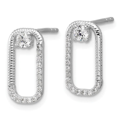 Sterling Silver Rhodium-Plated CZ Textured Rectangle Post Earrings