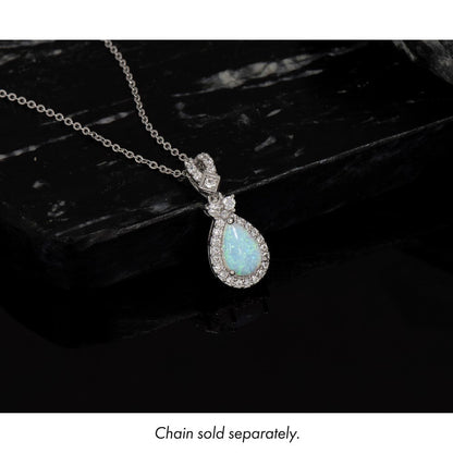 Sterling Silver Rh-Plt Polished Cr. Opal / CZ Teardrop Chain Slide Pendant