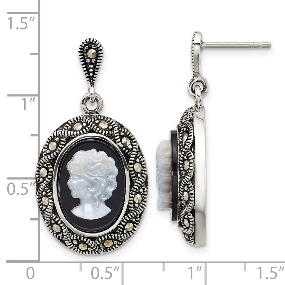 Sterling Silver Antiqued Marcasite Black Agate and Mop Cameo Earrings
