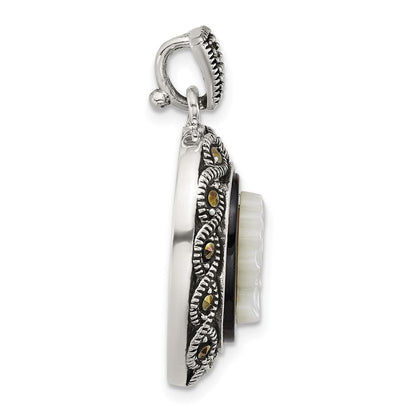 Sterling Silver Antiqued Marcasite Black Agate and Mop Cameo Pendant