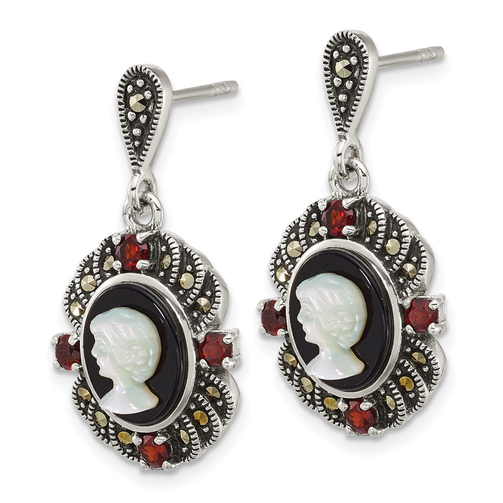 Sterling Silver Antiqued Marcasite Garnet Blk Agate and Mop Cameo Earrings