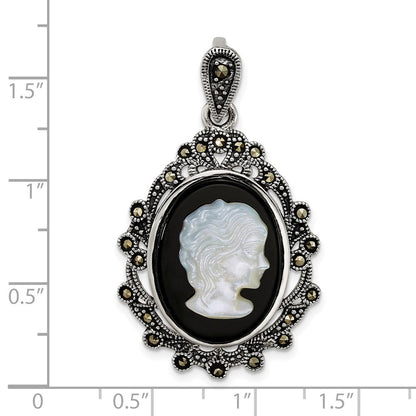 Sterling Silver Antiqued Marcasite Blk Agate and Mop Cameo Pendant