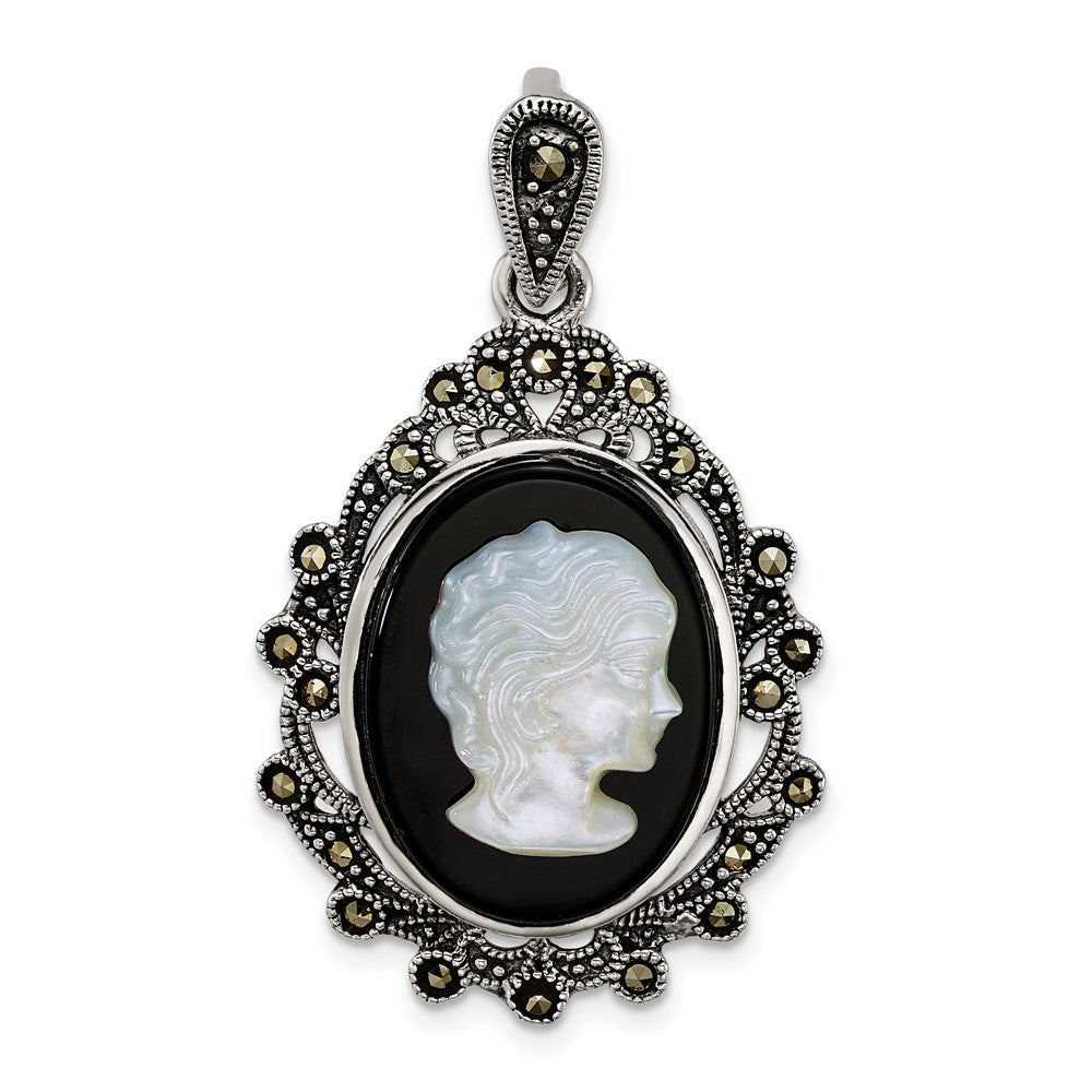 Sterling Silver Antiqued Marcasite Blk Agate and Mop Cameo Pendant