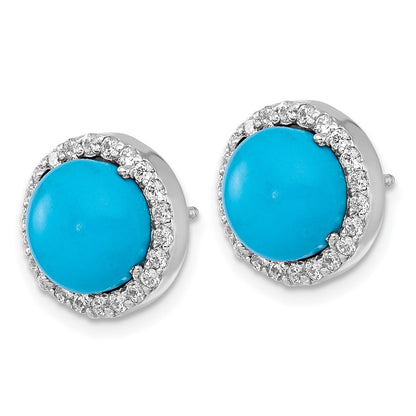 Sterling Silver Rh-Plt CZ and Reconstituted Turquoise Circle Post Earrings