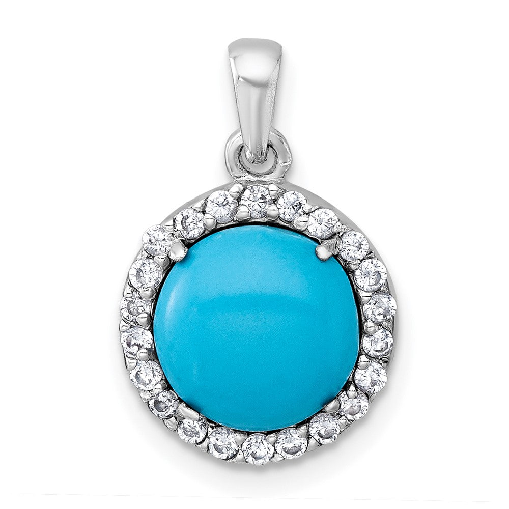 Sterling Silver Rhodium Plated CZ and Reconstituted Turquoise Circle Pendant