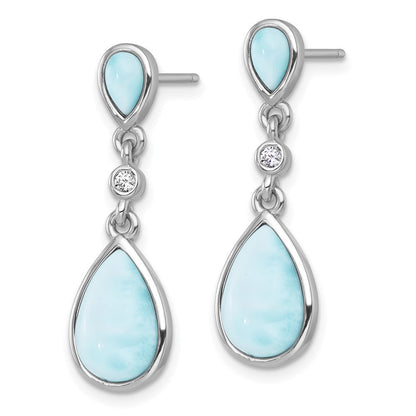 Sterling Silver Rhodium Plated Larimar and CZ Teardrop Post Dangle Earrings