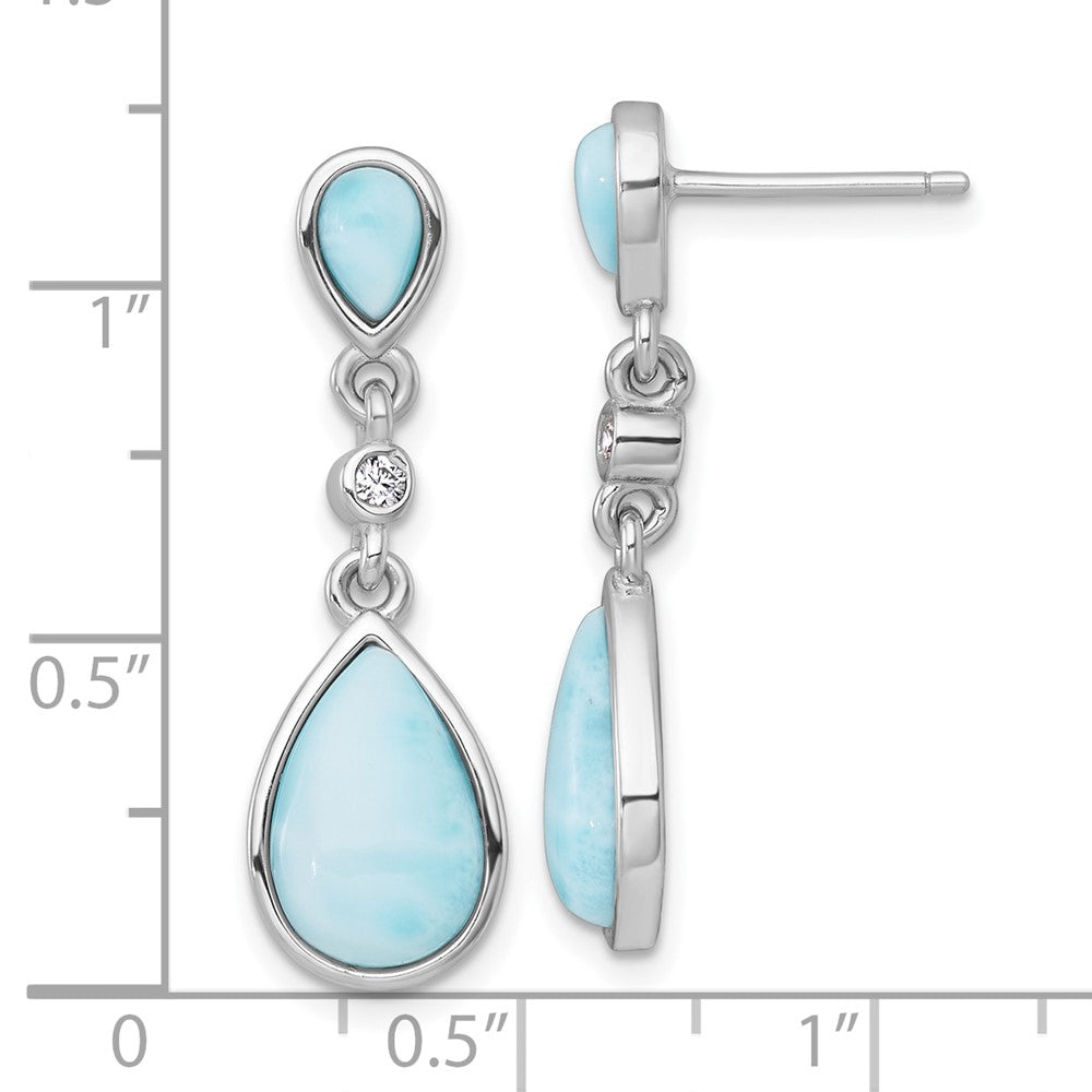 Sterling Silver Rhodium Plated Larimar and CZ Teardrop Post Dangle Earrings
