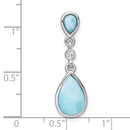 Sterling Silver Rhodium Plated Polished Larimar / CZ Teardrop Chain Slide Pendan