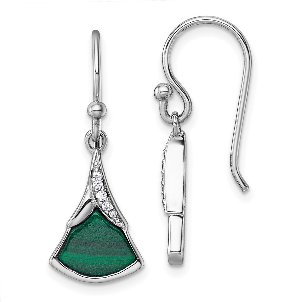 Sterling Silver Rhodium-Plated CZ and Malachite Dangle Earrings