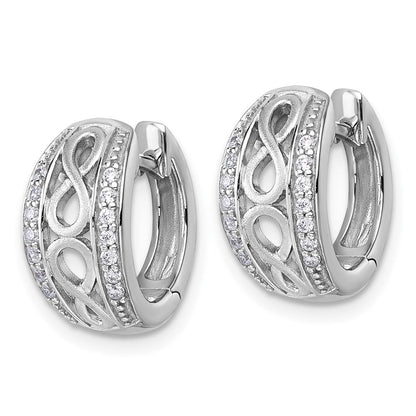 Sterling Silver Rh-Plt Polished and Satin CZ Infinity Hinged Hoop Earrings