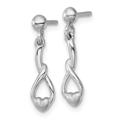 Sterling Silver Rhodium Plated Polished and Brushed Heart Drop Earrings
