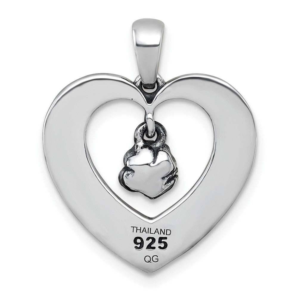 Sterling Silver Antiqued Polished Heart with Flower Pendant