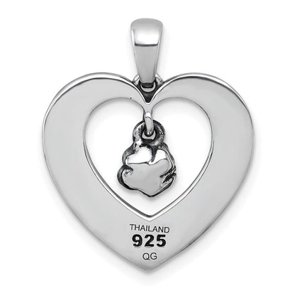 Sterling Silver Antiqued Polished Heart with Flower Pendant