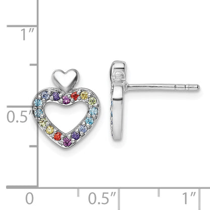 Sterling Silver Rhodium-Plated Multi Color CZ Heart Post Earrings