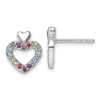 Sterling Silver Rhodium-Plated Multi Color CZ Heart Post Earrings