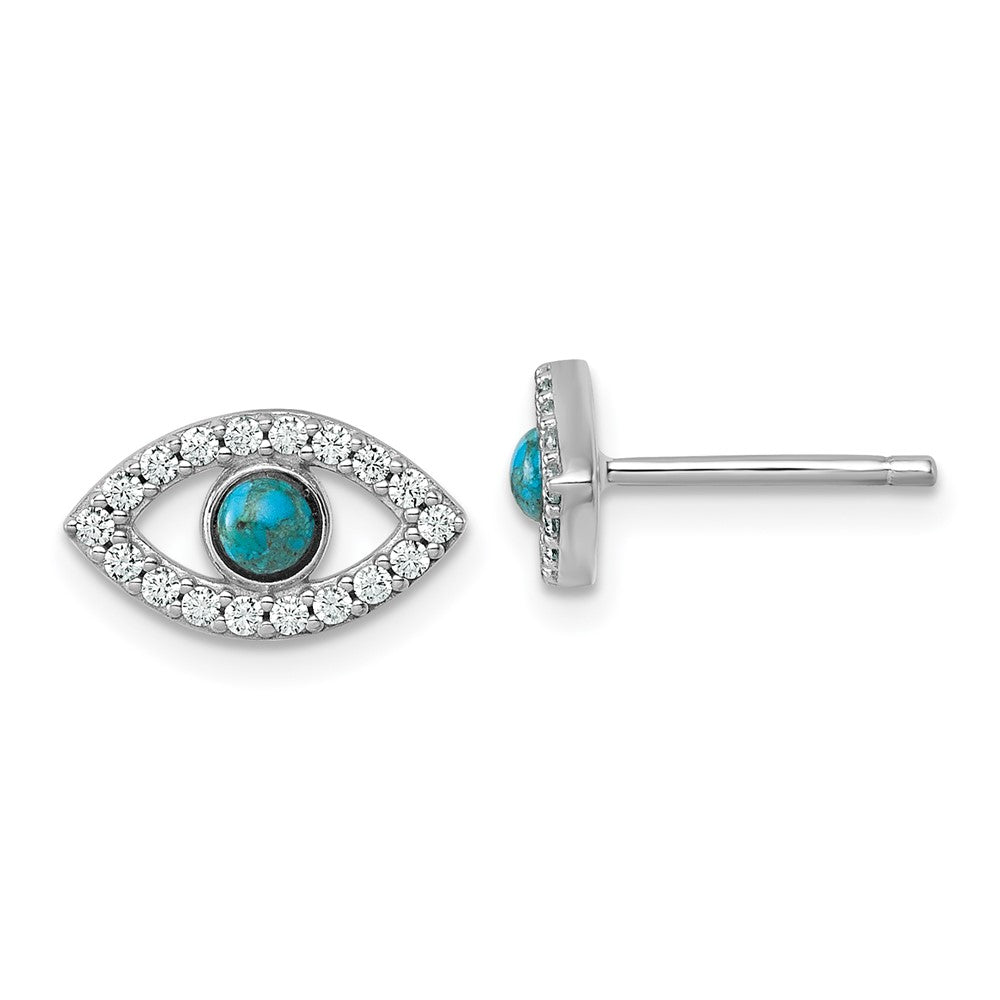 Sterling Silver Rhodium Plated CZ Compressed Turquoise Evil Eye Post Earrings