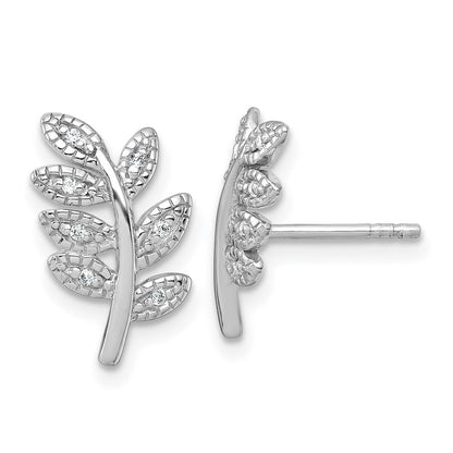 Sterling Silver Rhodium-Plated Polished CZ Leaf Post Earrings