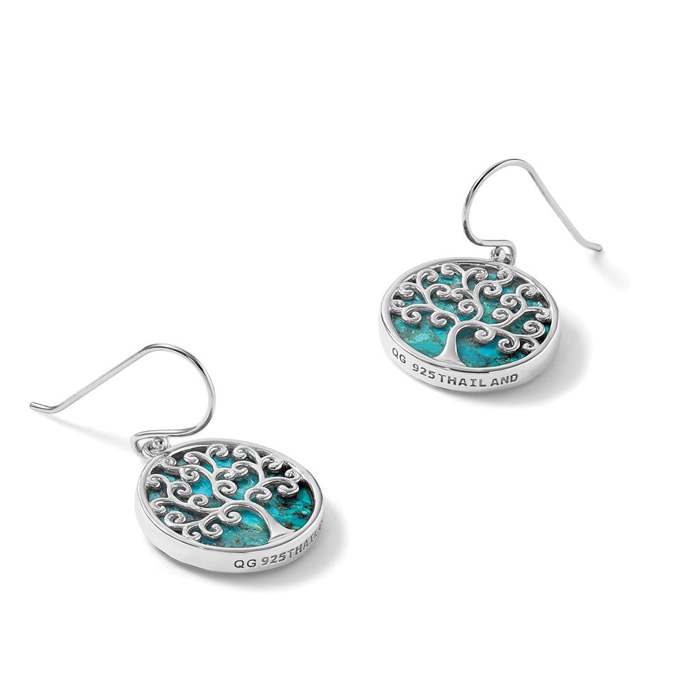 Sterling Silver Rhodium Plated Compressed Turquoise Tree of Life Earrings