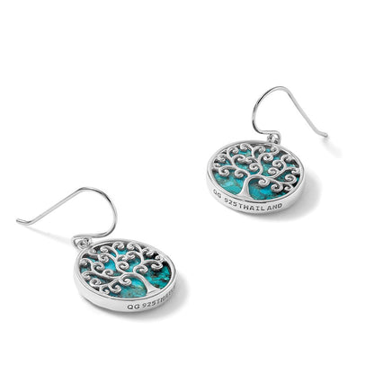 Sterling Silver Rhodium Plated Compressed Turquoise Tree of Life Earrings