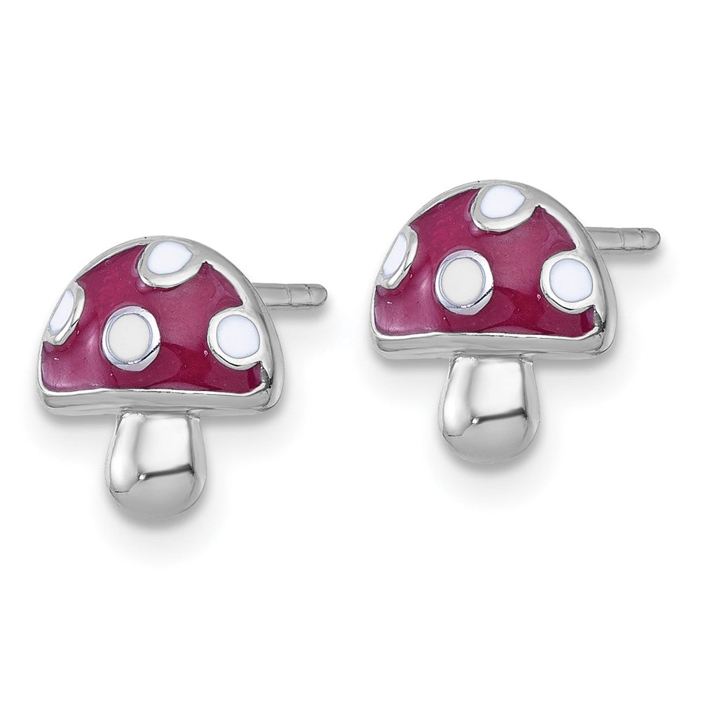 Sterling Silver Rhodium Plated Polished Enameled Mushroom Post Earrings