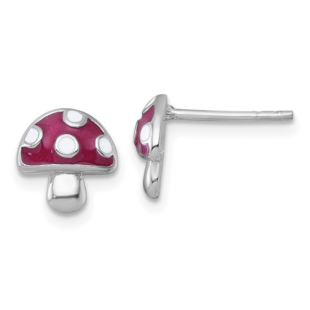 Sterling Silver Rhodium Plated Polished Enameled Mushroom Post Earrings