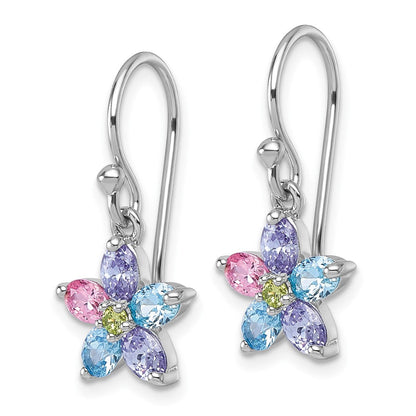 Sterling Silver Rhodium Plated Multi Color CZ Flower Dangle Earrings
