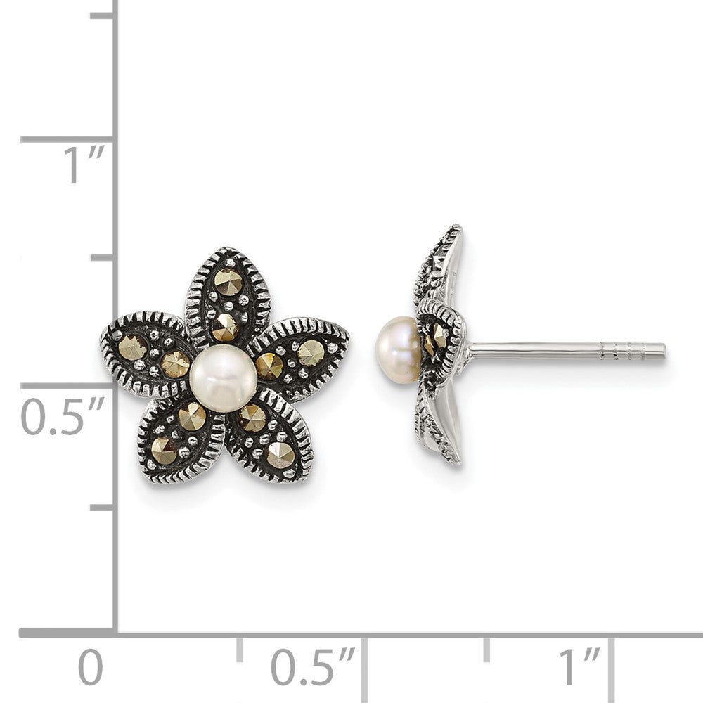 Sterling Silver Antiqued Marcasite Fwc Pearl Fancy Flower Post Earrings