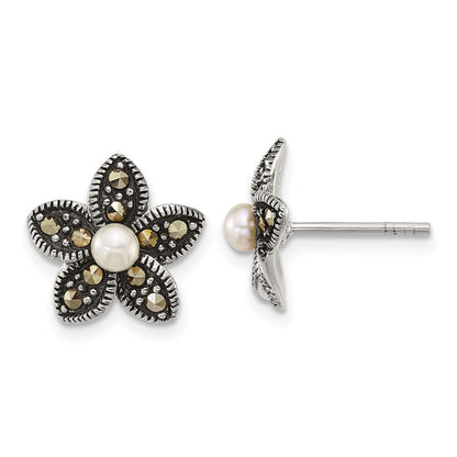 Sterling Silver Antiqued Marcasite Fwc Pearl Fancy Flower Post Earrings