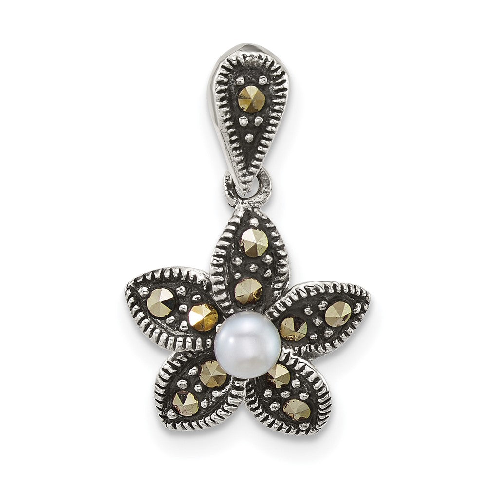 Sterling Silver Antiqued Marcasite Fwc Pearl Fancy Flower Pendant