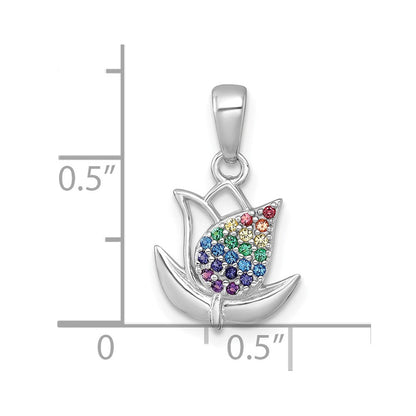 Sterling Silver Rhodium Plated Polished Multi Color Nano Crystals Tulip Pendant