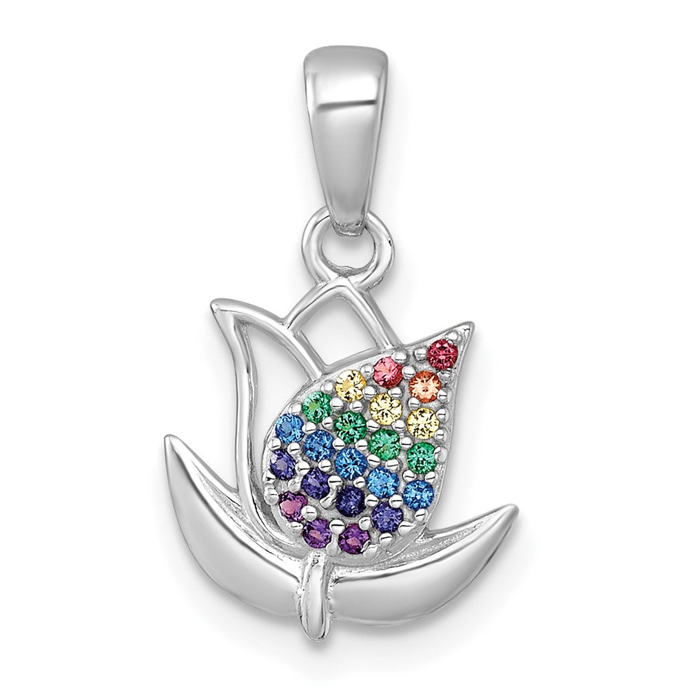 Sterling Silver Rhodium Plated Polished Multi Color Nano Crystals Tulip Pendant