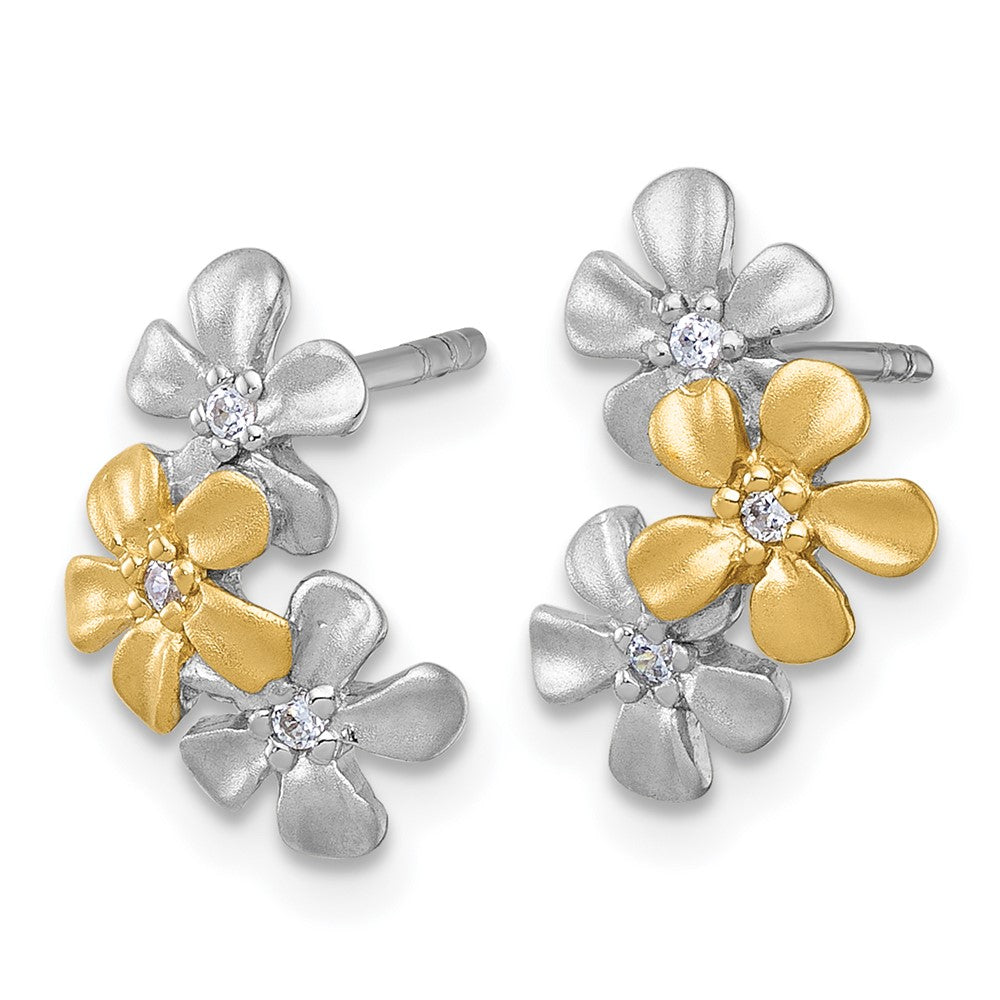 Sterling Silver Rhodium and Gold-Plated Flower CZ Post Earrings