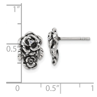 Sterling Silver Antiqued Polished CZ Flower Post Earrings