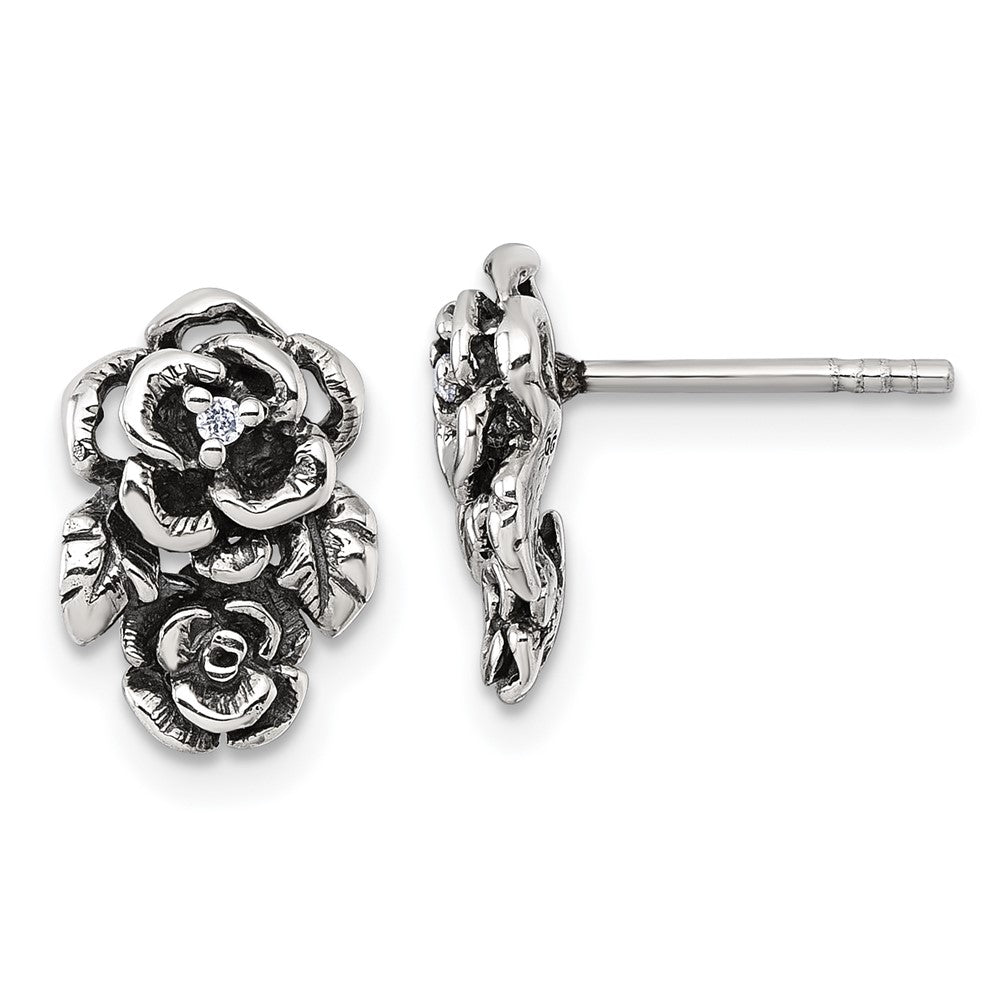 Sterling Silver Antiqued Polished CZ Flower Post Earrings