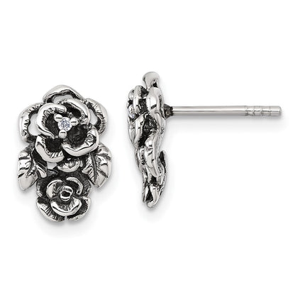 Sterling Silver Antiqued Polished CZ Flower Post Earrings