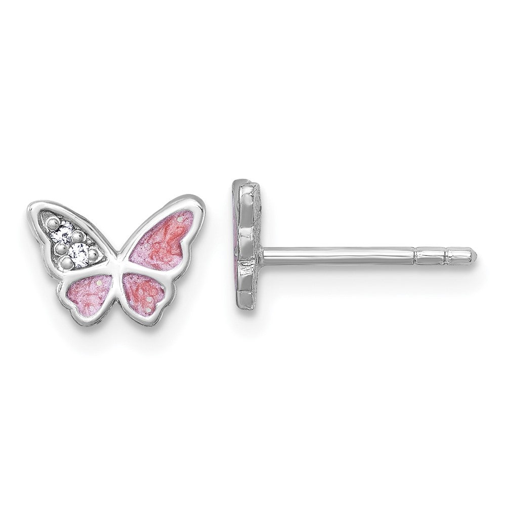 Sterling Silver Rhodium-Plated CZ Enamel Pink Butterfly Post Earrings