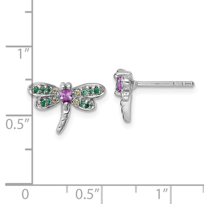 Sterling Silver Rhodium Plated Multi Color CZ Dragonfly Post Earrings